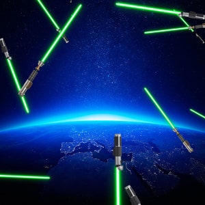 May include: Multiple green lightsabers are suspended in space above a blue and green planet. The lightsabers are a popular item in the Star Wars franchise.