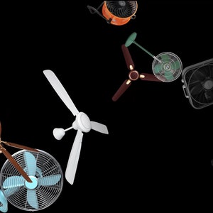 May include: A collection of various ceiling fans and box fans in different colors and styles. The fans are suspended in mid-air against a black background.