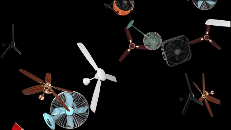 May include: A collection of various ceiling fans and box fans in different colors and styles. The fans are suspended in mid-air against a black background.