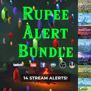 Könnte beinhalten: Ein Set mit 14 animierten Stream-Benachrichtigungen, die verschiedene farbige Edelsteine mit dem Text "RUPEE ALERT BUNDLE" und "14 STREAM ALERTS!" in Grün zeigen. Die Benachrichtigungen sind für Twitch, YouTube, Facebook und andere Streaming-Plattformen konzipiert.