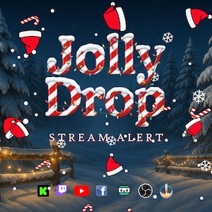 Puede incluir: Una escena invernal con las palabras "Jolly Drop" en una fuente de estilo bastón de caramelo, con gorros de Navidad y bastones de caramelo dispersos. Las palabras "STREAM ALERT" están debajo, con iconos de redes sociales en la parte inferior.