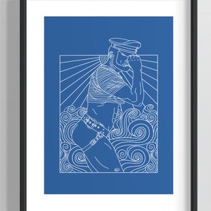 May include: A framed art print featuring a white line drawing on a blue background. The illustration depicts a person in a sailor hat and striped shirt, with a belt and swirling water patterns. The art is in a black frame.