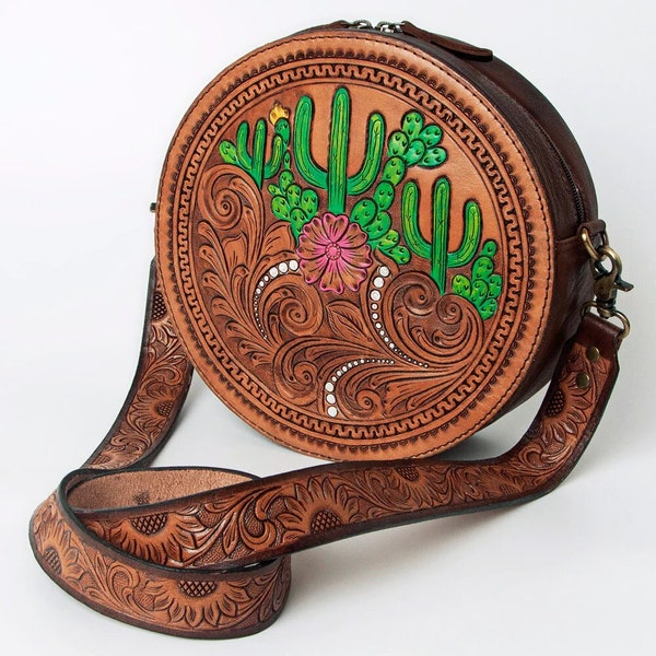 Western Hand Tooled Leather Canteen Purse, Round Leather Purse, Hand Painted Canteen Purse, Genuine Leather Purse, Western Crossbody Purse