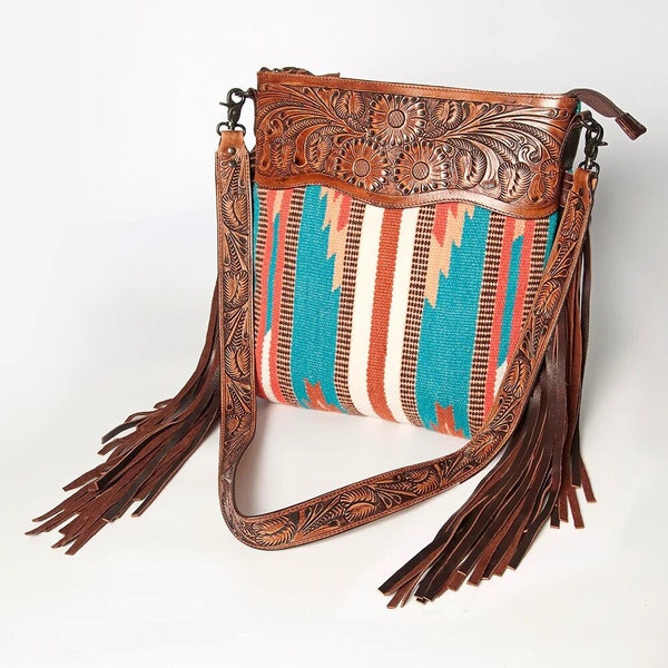 Western Hand Tooled Leather Purse, Cowhide Purse Crossbody Bag, Saddle Blanket Bag, Genuine Cowhide, Western Purse, Leather Fringe