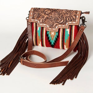 Western Hand Tooled Leather Purse, Concealed Carry Purse, Cowhide Purse, Saddle Blanket Bag, Genuine Cowhide, Western Purse, Leather Fringe