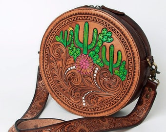 Western Hand Tooled Leather Canteen Purse, Round Leather Purse, Hand Painted Canteen Purse, Genuine Leather Purse, Western Crossbody Purse