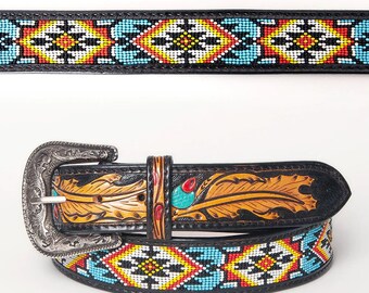 Womens Western Hand Tooled Leather Belt, Rodeo Belt, Embossed Leather Belt, Western Belt, Cowboy Belt, Cowgirl Belt, Beaded Handmade Belt