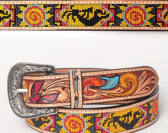 Womens Western Hand Tooled Leather Belt, Rodeo Belt, Embossed Leather Belt, Western Belt, Cowboy Belt, Cowgirl Belt, Beaded Handmade Belt