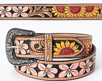 Womens Western Hand Tooled Leather Belt, Rodeo Belt, Embossed Leather Belt, Western Belt, Cowboy Belt, Cowgirl Belt, Studded Handmade Belt