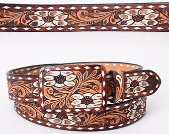 Womens Western Hand Tooled Leather Belt, Rodeo Belt, Embossed Leather Belt, Western Belt, Cowboy Belt, Cowgirl Belt, Studded Handmade Belt