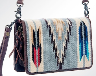 Western Purse Wallet Crossbody, Hand Tooled Leather Strap, Aztec Purse, Southwest Saddle Blanket, Genuine Leather, Organizer Wallet