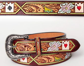 Womens Western Hand Tooled Leather Belt, Rodeo Belt, Embossed Leather Belt, Western Belt, Cowboy Belt, Cowgirl Belt, Studded Handmade Belt