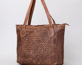 KOMPANERO Italian Woven Cognac Leather Tote Bag CROSSBODY