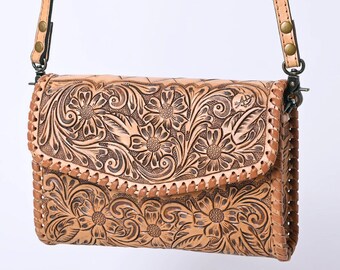 Western Hand Tooled Leather Purse, Leather Crossbody Purse, Brown Leather Purse, Cowhide Purse, Genuine Western Leather Crossbody Purse