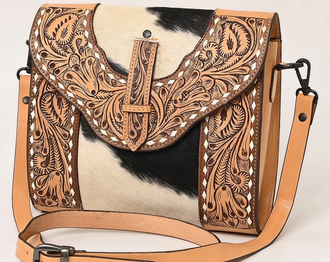 Western Leather Purse, Western Tote Bag, Hand Tooled Leather Crossbody Purse, Genuine Hair On Cowhide Shoulder Bag, Leather Purse