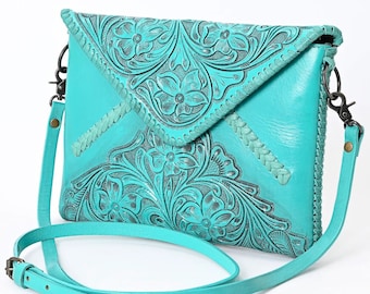 Hand Tooled Leather Crossbody Purse, Western Purse, Western Tote Bag, Turquoise Painted Purse, Cowhide Western Leather Crossbody Purse