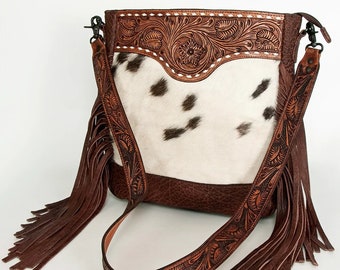 Western Purse, Tooled Leather Purse, Conceal Carry Purse, Cowhide Purse, Genuine Leather Purse, Sunflower Crossbody Purse, Leather Fringe