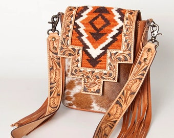 Western Purse, Cowhide Purse, Hand Tooled Leather Purse, Cowhide Purse, Concealed Carry Purse, Saddle Blanket, Leather Fringe