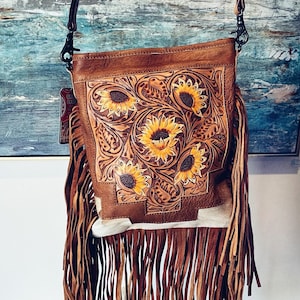 Western Leather Purse, Western Purse, Cowhide Hair On Purse,  Genuine Cowhide handbag, Sunflower leather Fringe Purse