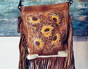 Western Leather Purse, Western Purse, Cowhide Hair On Purse,  Genuine Cowhide handbag, Sunflower leather Fringe Purse