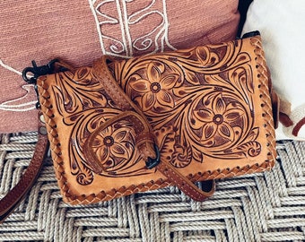 Western Leather Wallet Purse, Hand Tooled Leather Wallet, Crossbody Purse, Womens Leather Wallet, Genuine Leather Wallet