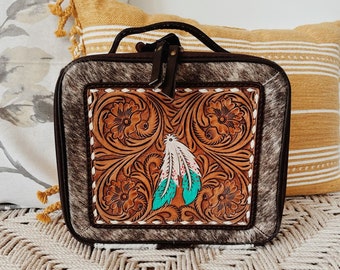 Western Leather Jewelry Case, Hair on Hide Jewelry Holder, Jewelry Safe, Locking Cowhide Jewelry, Tooled Leather, Jewelry Purse