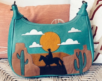 Western Leather Crossbody Purse, Cowhide Purse, Western Scene Purse, Western Crossbody Purse