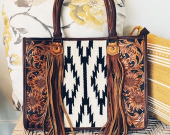 Western Purse, Western Tote Bag, Hand Tooled Leather Purse, Leather Briefcase, Laptop Bag, Hair On Cowhide Purse, Leather Crossbody Purse