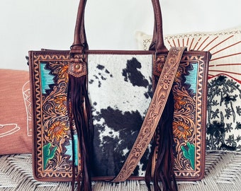 Western Leather Tote Bag, Western Purse, Hand Tooled Leather Crossbody Purse, Leather Briefcase, Laptop Bag, Hair On Cowhide Shoulder Bag