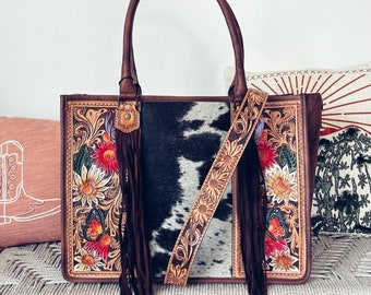 Western Purse, Western Tote Bag, Hand Tooled Leather Purse, Leather Briefcase, Laptop Bag, Hair On Cowhide Purse, Leather Crossbody Purse