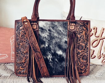 Western Purse, Western Tote Bag, Hand Tooled Leather Purse, Leather Briefcase, Laptop Bag, Hair On Cowhide Purse, Leather Crossbody Purse