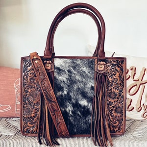 Western Purse, Western Tote Bag, Hand Tooled Leather Purse, Leather Briefcase, Laptop Bag, Hair On Cowhide Purse, Leather Crossbody Purse