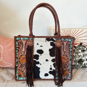 Western Purse, Western Tote Bag, Hand Tooled Leather Purse, Leather Briefcase, Laptop Bag, Hair On Cowhide Purse, Leather Crossbody Purse