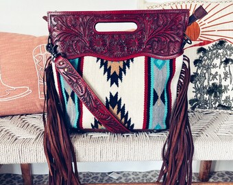 Western Hand Tooled Leather Purse, Concealed Carry Purse, Cowhide Purse, Saddle Blanket, Genuine Cowhide,  Leather Fringe