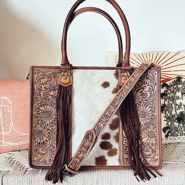 Western Purse, Western Tote Bag, Hand Tooled Leather Purse, Leather Briefcase, Laptop Bag, Hair On Cowhide Purse, Leather Crossbody Purse