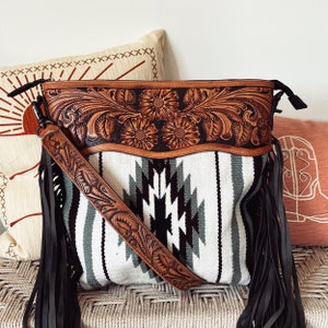 Western Hand Tooled Leather Purse, Concealed Carry Purse, Cowhide Purse, Saddle Blanket Bag, Genuine Cowhide, Western Purse, Leather Fringe image 1