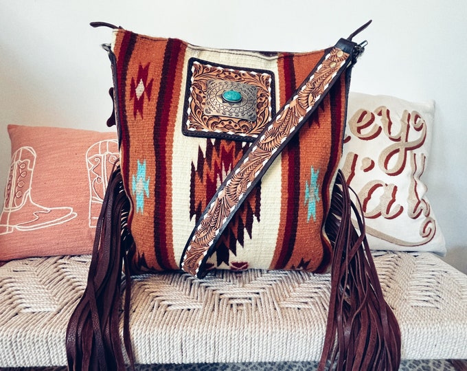 Western Hand Tooled Leather Purse, Concealed Carry Purse, Genuine Cowhide Purse, Saddle Blanket Bag, Leather Fringe, Western Purse