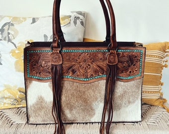 Western Purse, Hand Tooled Leather Purse, Western Tote Bag, Conceal Carry Purse, Genuine Leather Cowhide Crossbody Purse, Leather Fringe