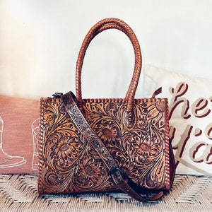 Western Hand Tooled Leather Purse, Conceal Carry Purse, Cowhide Purse, Genuine Leather Purse, Western Crossbody Purse, Laptop Bag