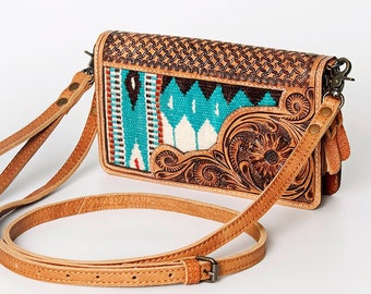 Western Hand Tooled Leather Purse, Leather Crossbody Wallet Purse, Saddle Blanket Bag, Genuine Cowhide, Western Cowhide Leather Wallet