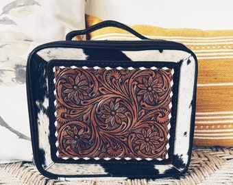 Western Leather Jewelry Case, Hair on Hide Jewelry Holder, Jewelry Safe, Locking Cowhide Jewelry Box, Tooled Leather, Jewelry Box