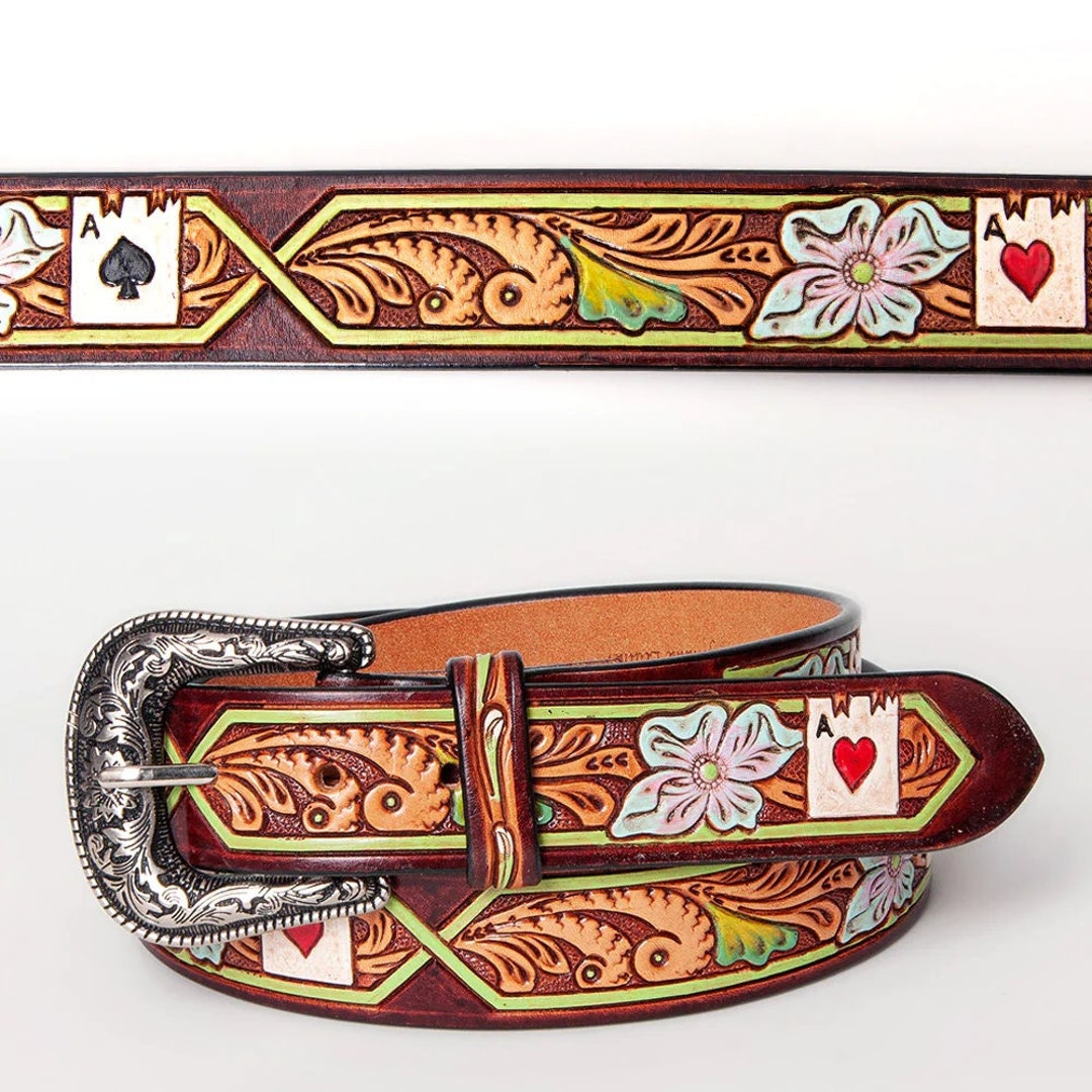 Womens Western Hand Tooled Leather Belt, Rodeo Belt, Embossed Leather ...
