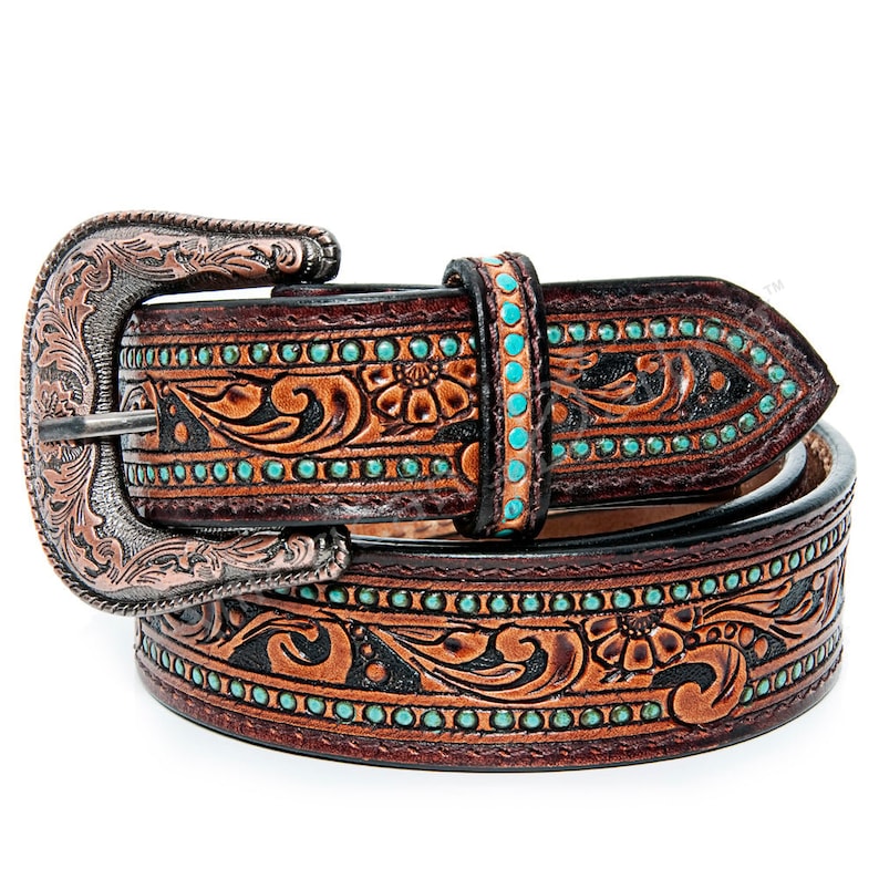 Womens Western Hand Tooled Leather Belt Rodeo Belt Embossed Etsy