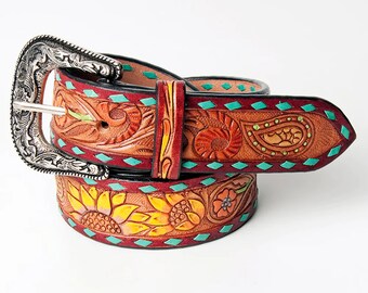 Womens Western Hand Tooled Leather Belt, Rodeo Belt, Embossed Leather Belt, Western Belt, Cowboy Belt, Cowgirl Belt, Studded Handmade Belt