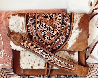 Western Purse, Hand Tooled Leather Purse, Hair On Purse, Cowhide Purse, Genuine Leather Purse, Western Crossbody Purse