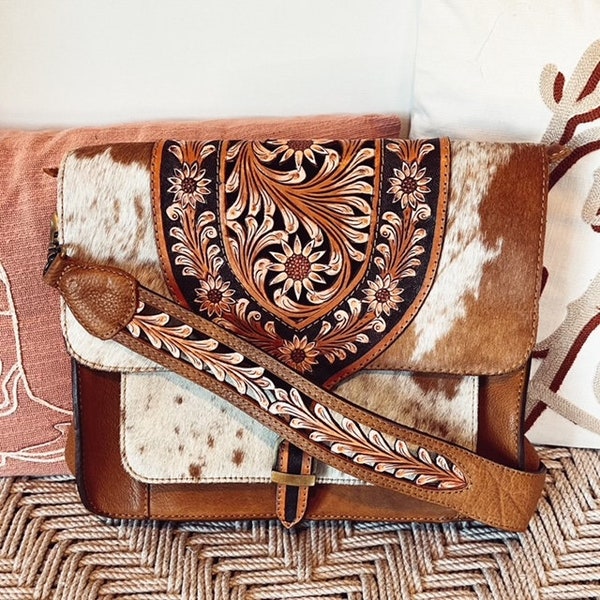 Western Purse, Hand Tooled Leather Purse, Hair On Purse, Cowhide Purse, Genuine Leather Purse, Western Crossbody Purse