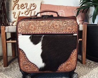 Hand Tooled Leather Carry On Bag, Leather Roller Bag, Hair On Cowhide Leather Suitcase, Leather Luggage Bag, Airplane Carry On Roller Bag