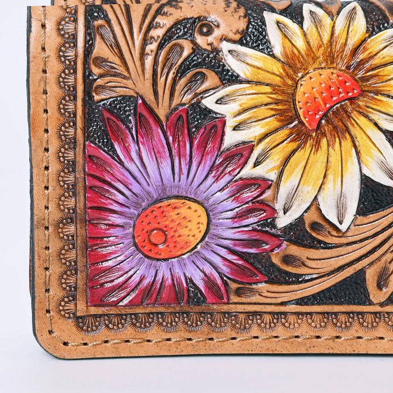 Western Hand Tooled Leather Wallet, Leather Flower Wallet, Genuine Leather Clutch, Western Purse, Luxury Wallet, Hand Painted Leather Wallet image 3