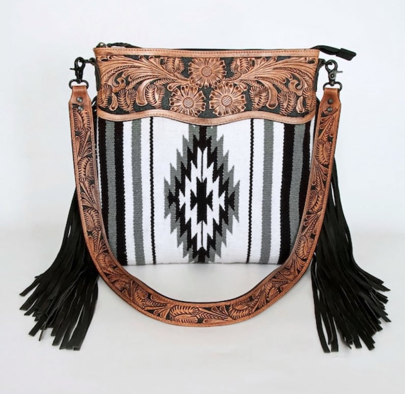 Western Hand Tooled Leather Purse, Concealed Carry Purse, Cowhide Purse, Saddle Blanket Bag, Genuine Cowhide, Western Purse, Leather Fringe image 4