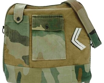 Vintage Military Bag, Camouflage Bag, Recycled Military, Upcycled Canvas, Military Messenger, Genuine Leather, Canvas Bag, Military Patches